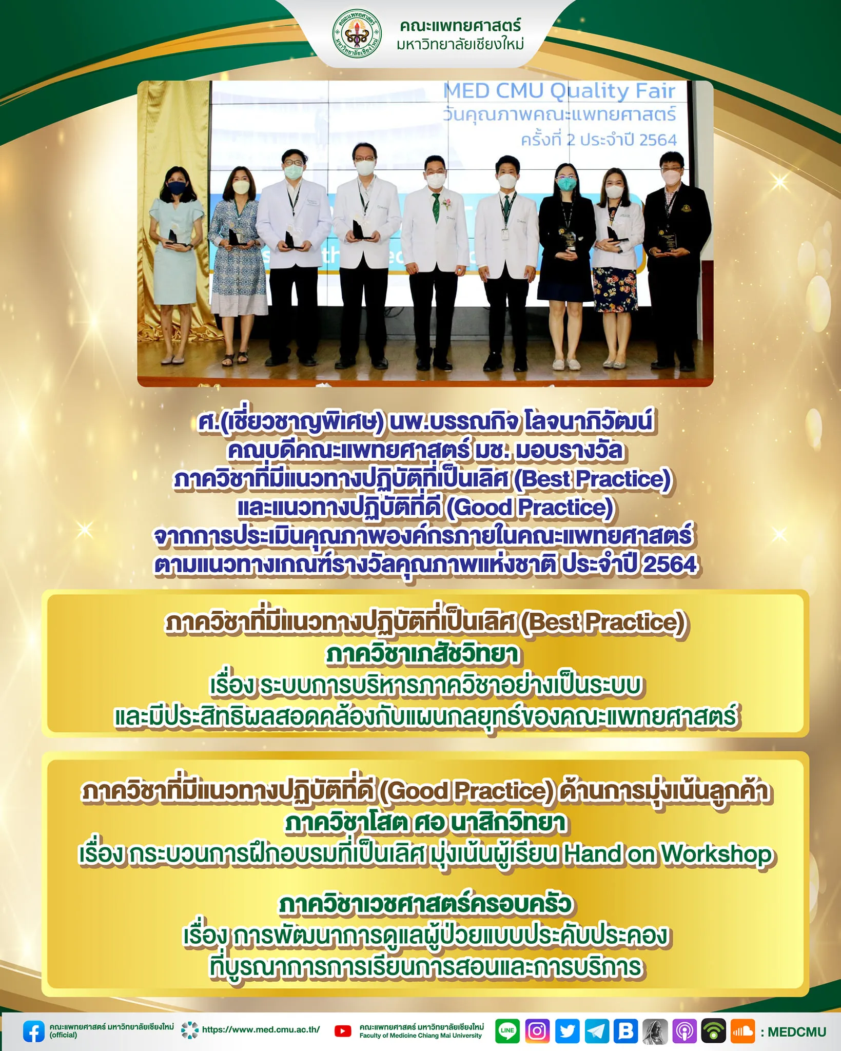 โล่ประกาศเกียรติคุณที่แสดงว่าสรีรวิทยามีกระบวนการและผลการดำเนินงานที่ดี (Good Practice) ตามแนวทางเกณฑ์รางวัลคุณภาพแห่งชาติ ประจำปี 2564