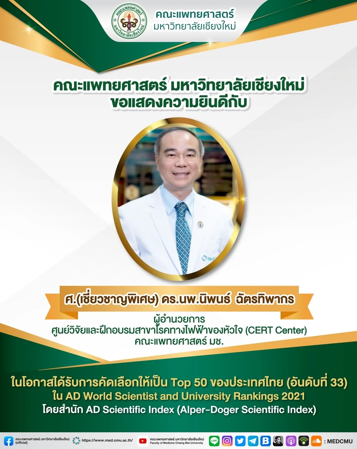 ขอแสดงความยินดีกับอาจารย์ที่ได้ Top 50 ของประเทศไทย ใน AD World Scientist and University Rankings 2021